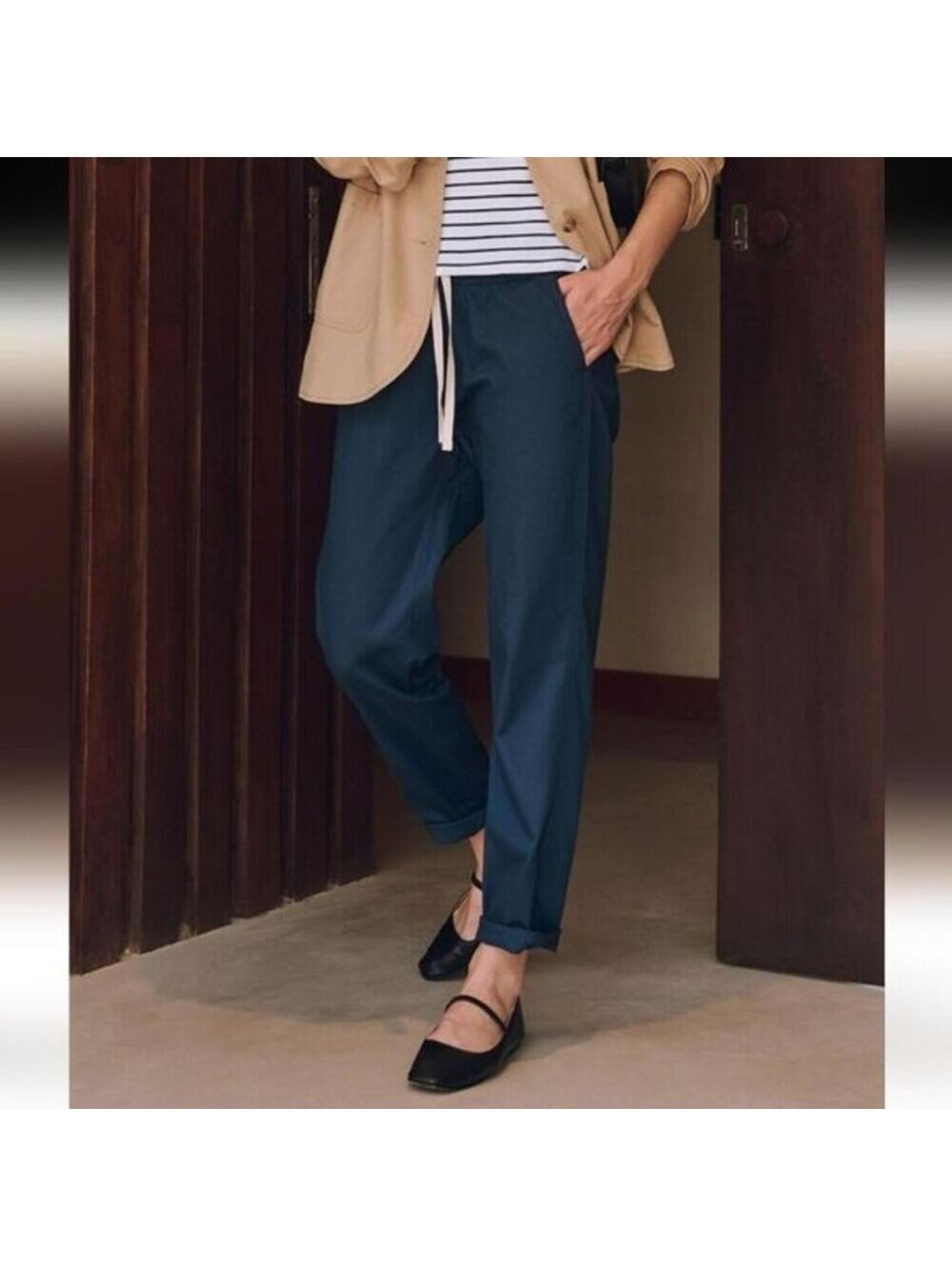 NWOT Pact Organic Cotton Daily Twill Pants Blue Drawstring Waist Straight Leg M